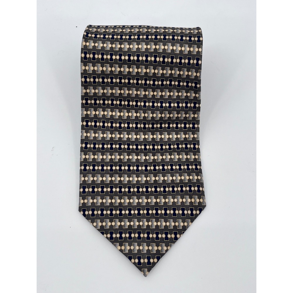 Di Moggio Mens Silk Necktie Navy Blue Grey Geometric Pattern Hand Made 56x4